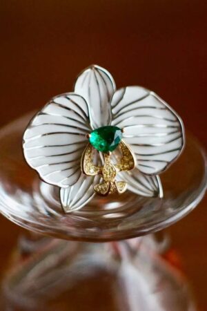 An Orchid-Inspired Emerald Ring with Enamel Work